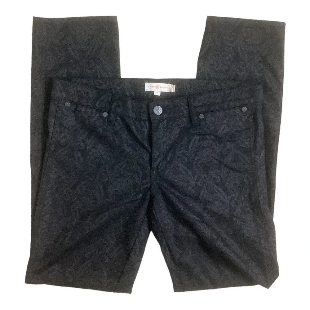 Tory Burch Honour Floral Lattice Jeans Pants‎ Black